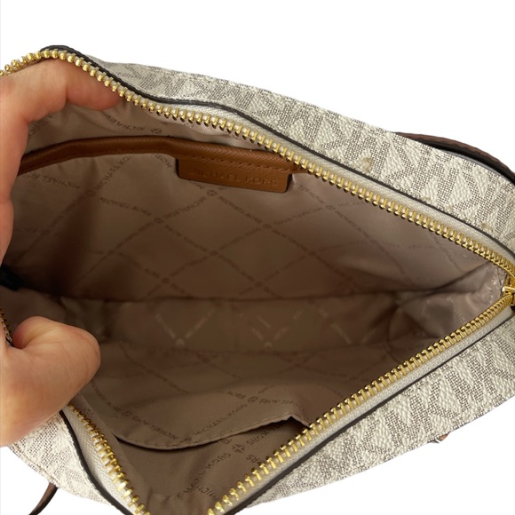 Michael Kors Crossbody Bag Jet Set Large Leather MK print logo Vanilla - Picture 9 of 11